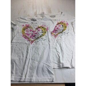 TWO Rocker Girl Heart Graphic T-Shirts Bundle White Pink Y2K Grunge Kids M L